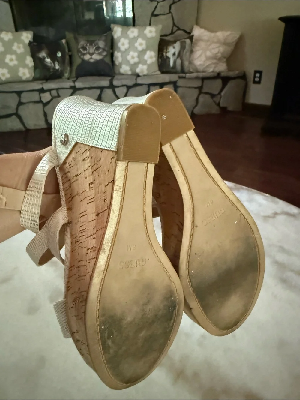 GUESS White Textured Cork Wedge Sandals